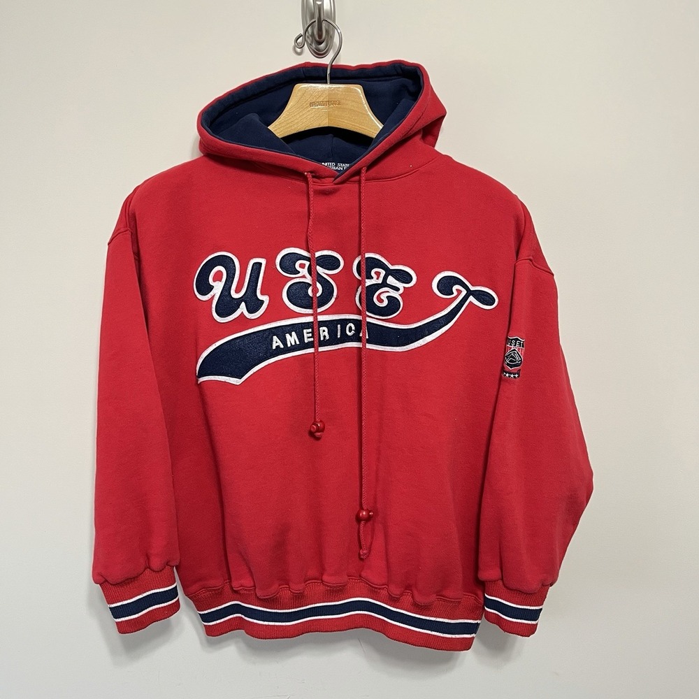 Vintage USA Equestrian Team Hoodie Red Navy Embroidered Miller's Large